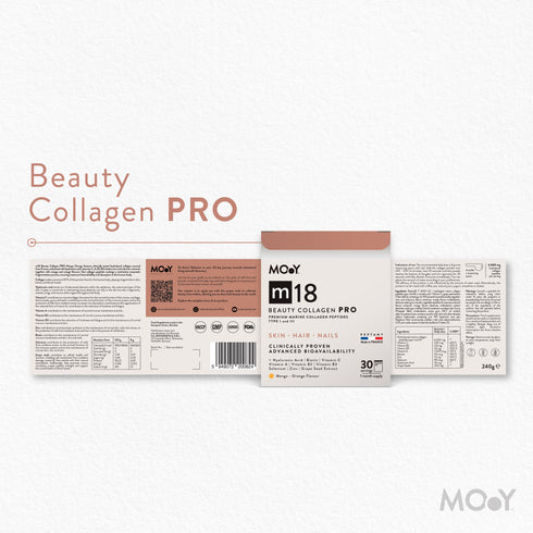 m18 PRO Colagen hidrolizat marin premium, dovedit clinic, beauty, 6.300mg tip I si III, aroma mango si portocale, 30 portii, 240 g, Molecules of Youth, natural